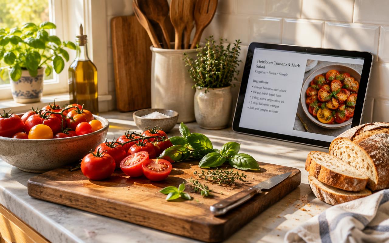 Fresh organic tomatoes and herbs on a kitchen counter